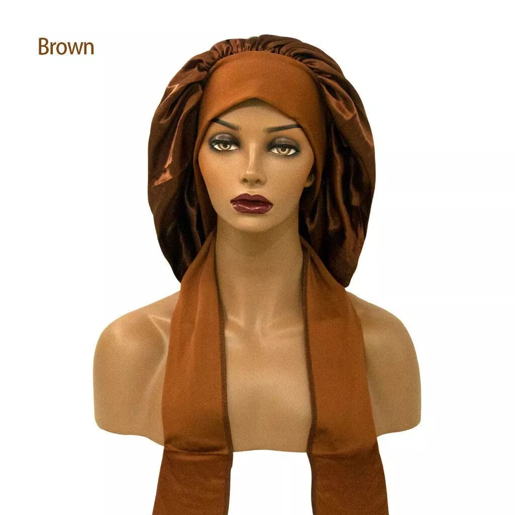 Women Long Hair Care Satin Bonnet Night Sleep Hat Cap 2strips Silk feel UK x-pression