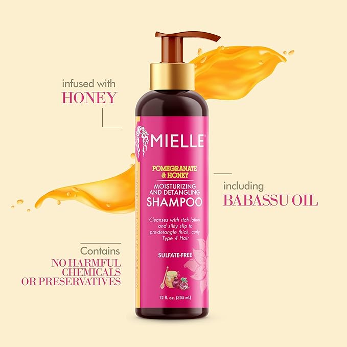 Mielle Organics Pomegranate & Honey Moisturizing and Detangling Shampoo, Hydrating Curl Cleanser For Dry, Damaged Type 4 Hair, Repair, Restore, and Prevent Frizz, 12-Fluid Ounces x-pression
