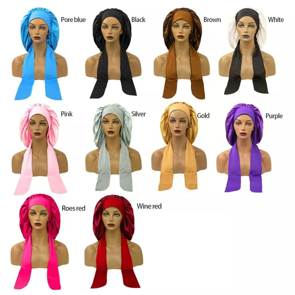 Women Long Hair Care Satin Bonnet Night Sleep Hat Cap 2strips Silk feel UK x-pression