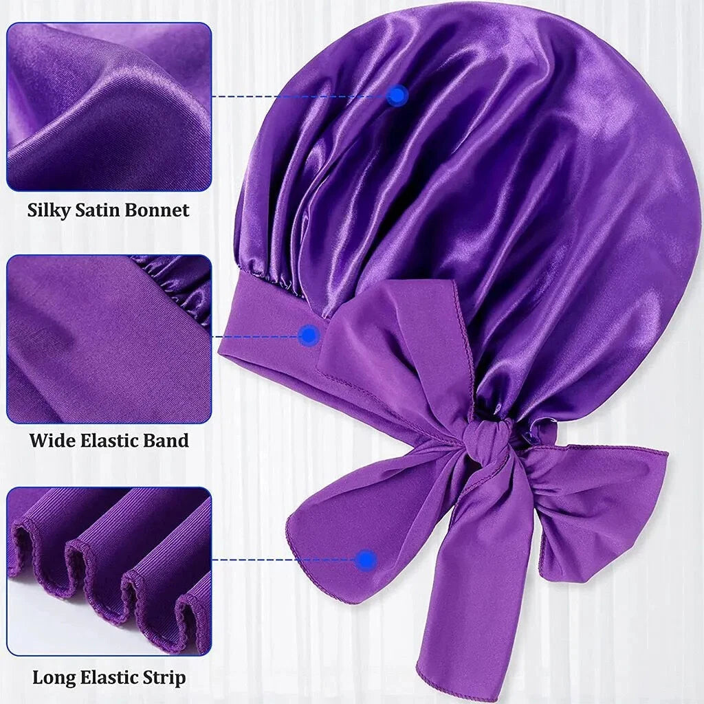 Women Long Hair Care Satin Bonnet Night Sleep Hat Cap 2strips Silk feel UK x-pression