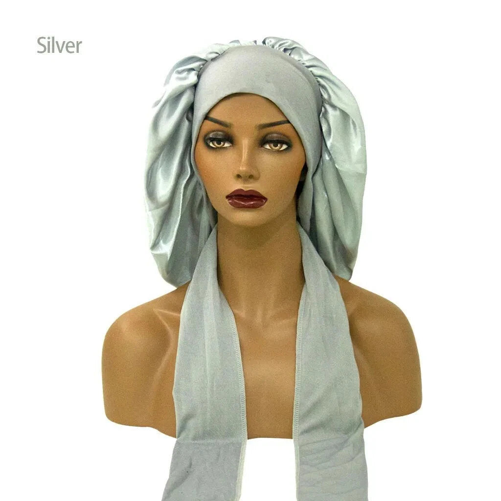 Women Long Hair Care Satin Bonnet Night Sleep Hat Cap 2strips Silk feel UK x-pression