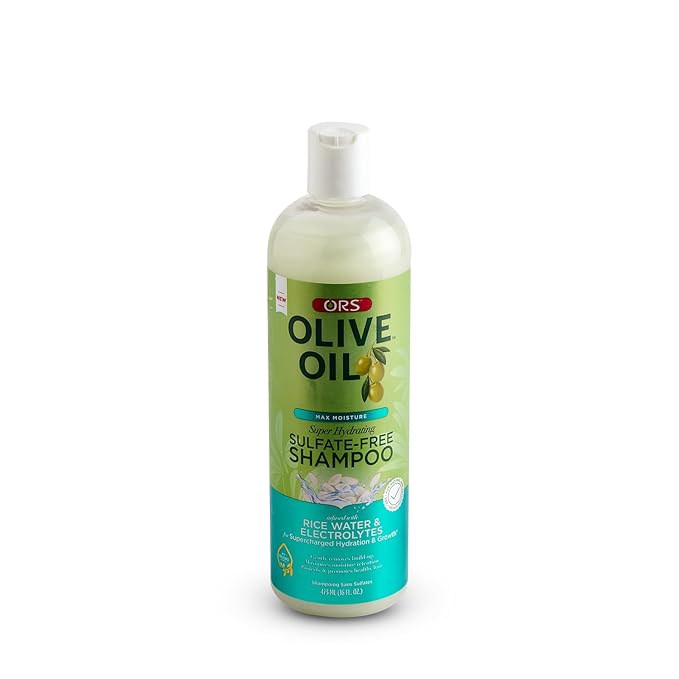 ORS Olive Oil Max Moisture Super Hydrating Sulfate-Free Shampoo, Infused with Rice water and Electrolytes for Supercharged Hydration & Growth 16.0 Ounce