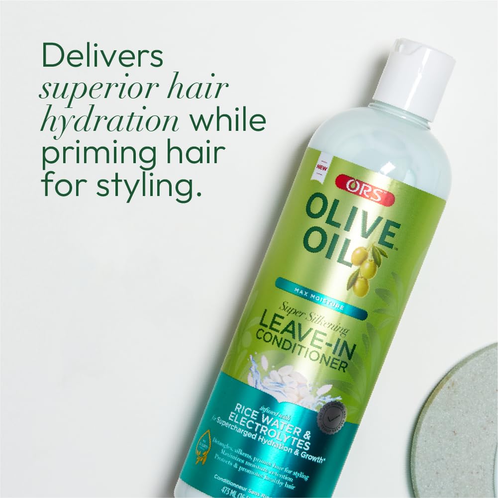 ORS Olive Oil Max Moisture Leave-In Conditioner with Rice Water and Electrolytes for Supercharged Hair Hydration 16.0 Ounce