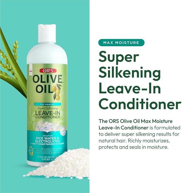 ORS Olive Oil Max Moisture Leave-In Conditioner with Rice Water and Electrolytes for Supercharged Hair Hydration 16.0 Ounce