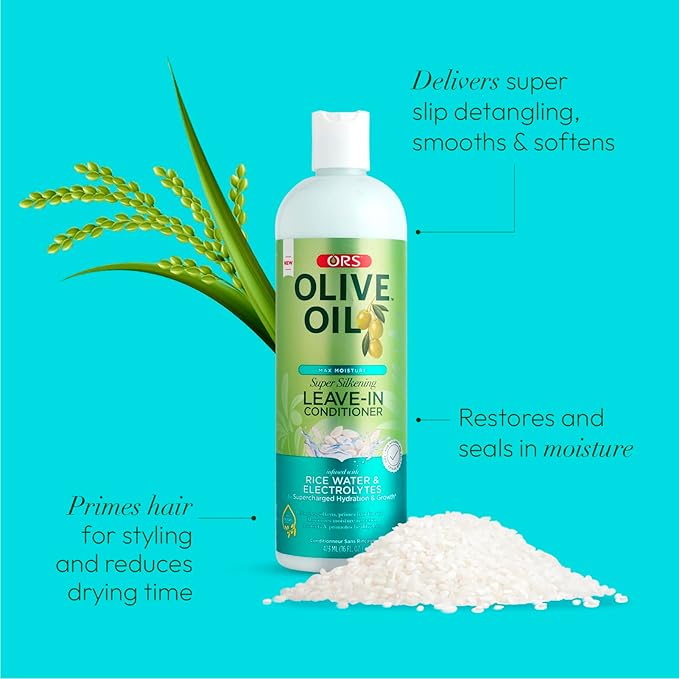 ORS Olive Oil Max Moisture Leave-In Conditioner with Rice Water and Electrolytes for Supercharged Hair Hydration 16.0 Ounce