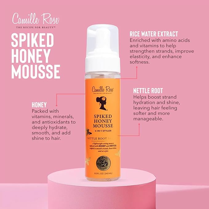 Camille Rose Spiked Honey Mousse, 4-in-1 Hair Styler with Nettle Root, to Nourish and Hydrate Strands, Define Curls, and Add shine, for All Hair Types, 8 fl oz x-pression