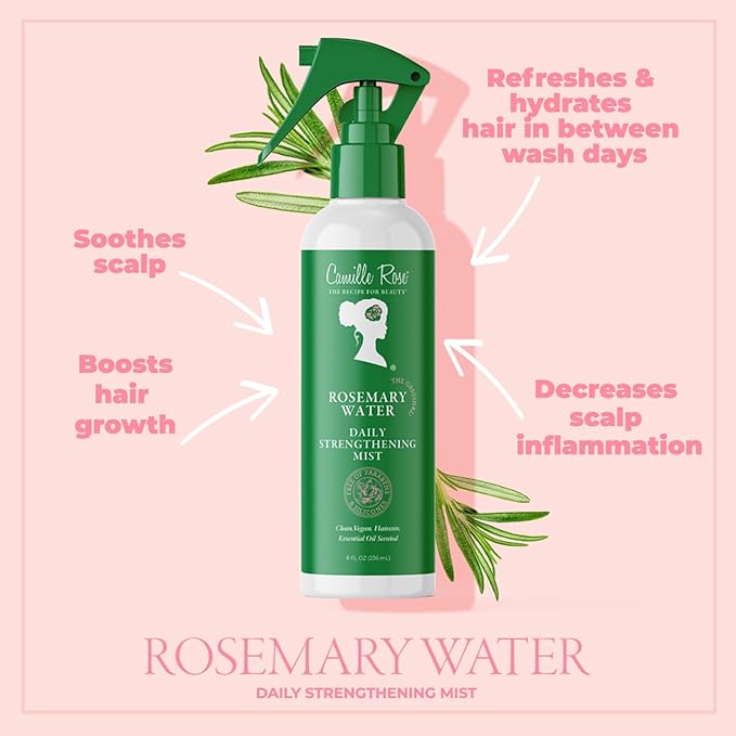 Camille Rose Rosemary Water Daily Strengthening Mist, with Peppermint and Rosemary Essential Oils to Strengthen Strands and Promote Hair Growth, for all Hair Types, 8 fl oz x-pression