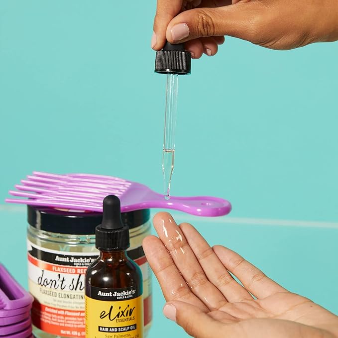 Aunt Jackie's Elixir Essentials Hair & Scalp Oil, Saw Palmetto, Jamaican Black Castor Oil & Grapeseed Oil, Nourishes, Thickens & Supports Hair Growth, 2 oz x-pression