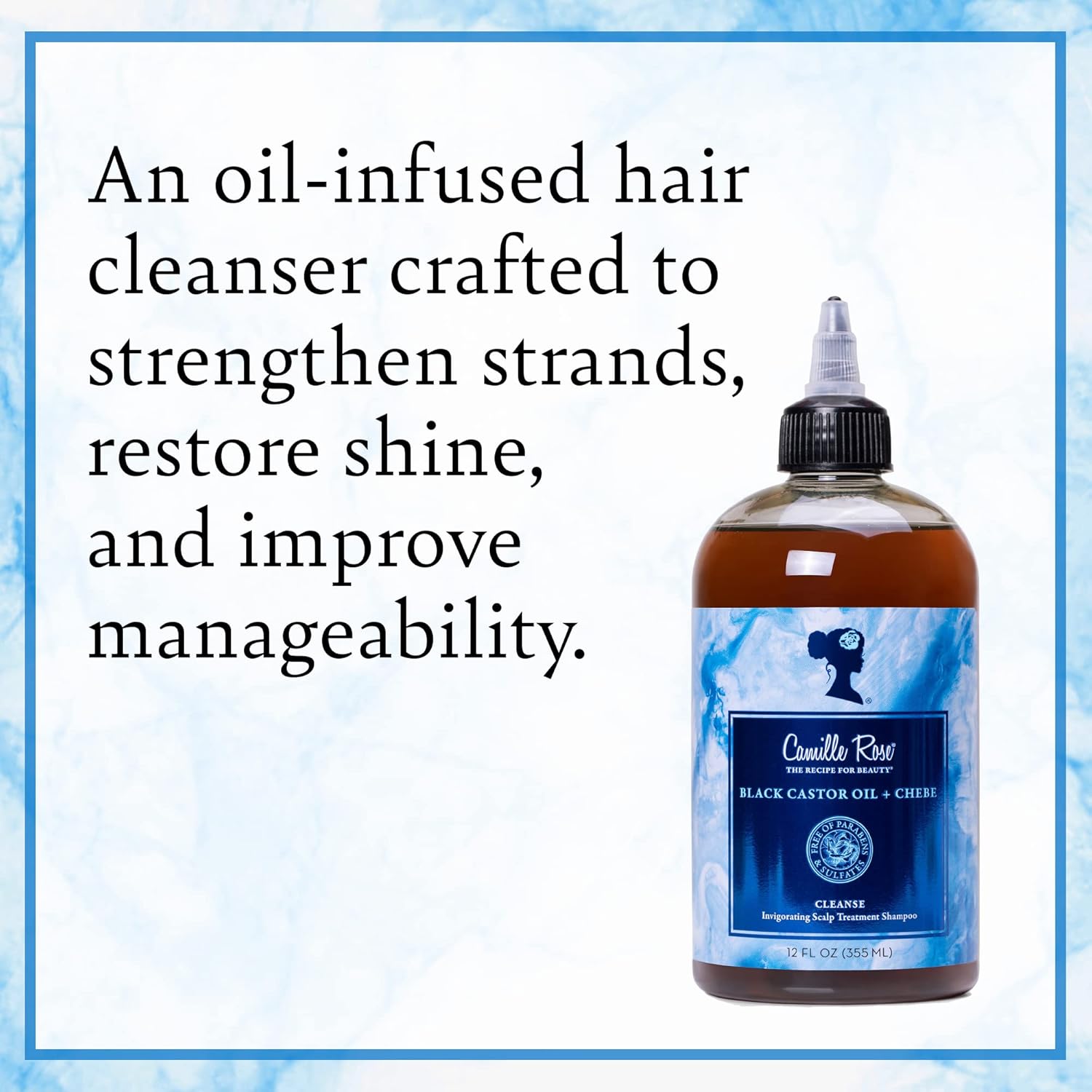Camille Rose Black Castor Oil & Chebe Hair Cleanse, Invigorating Scalp Treatment Shampoo to Strengthen, Shine, and Moisturize, for all Hair Types, 12 fl oz x-pression