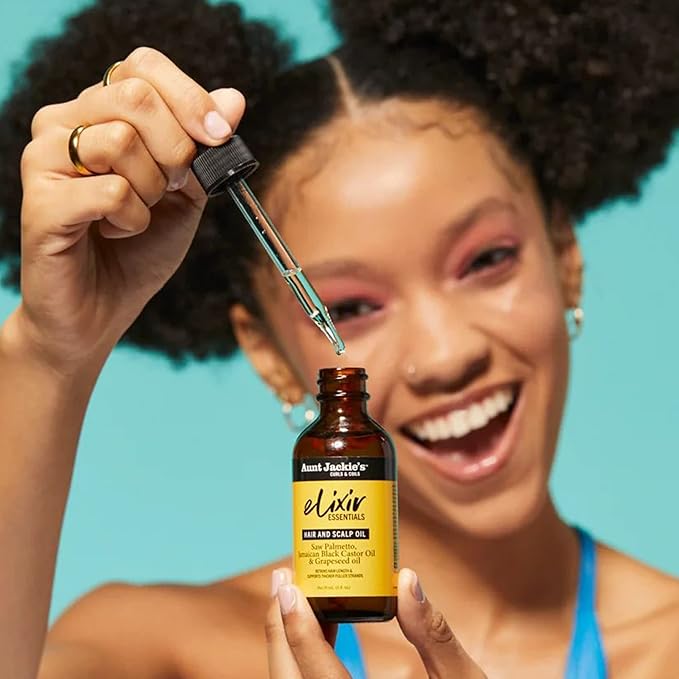 Aunt Jackie's Elixir Essentials Hair & Scalp Oil, Saw Palmetto, Jamaican Black Castor Oil & Grapeseed Oil, Nourishes, Thickens & Supports Hair Growth, 2 oz x-pression