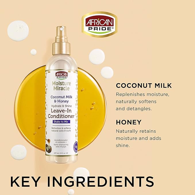 African Pride Moisture Miracle Coconut Milk And Honey Hydrate & Shine Leave- In Conditioner, 8 oz x-pression