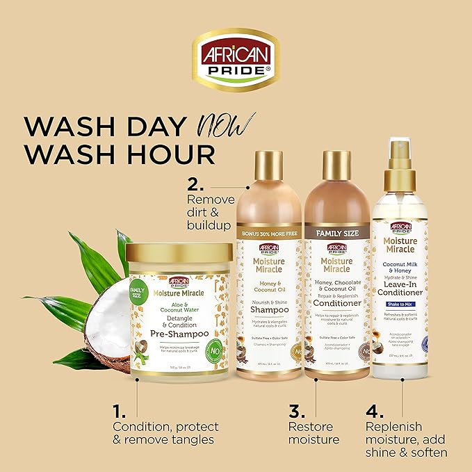 African Pride Moisture Miracle Coconut Milk And Honey Hydrate & Shine Leave- In Conditioner, 8 oz x-pression