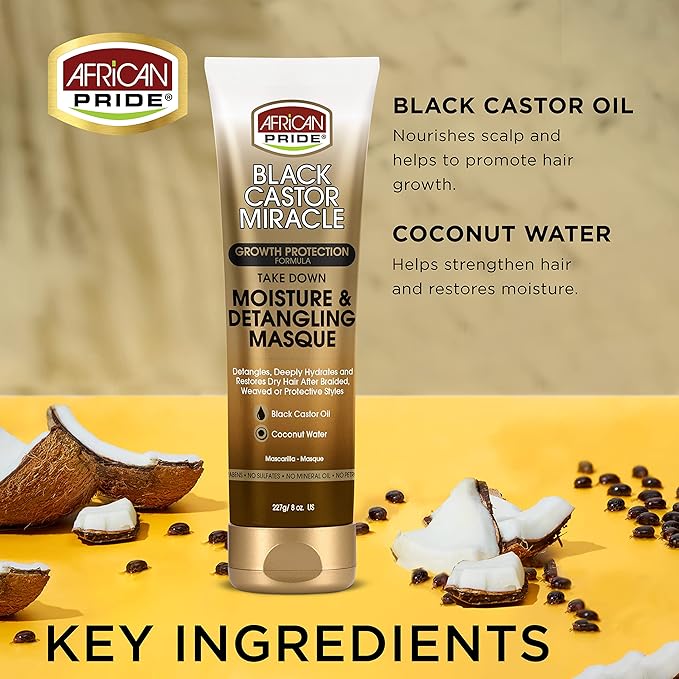 African Pride Black Castor Miracle Take Down Moisture & Detangling Masque - Hydrates, Restores Dry Hair, Contains Black Castor Oil & Coconut Water, Conditions, Removes Build-Up, Prevent Breakage, 8 oz