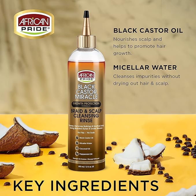 African Pride Black Castor Miracle Braid & Scalp Cleansing Rinse - Removes Hair Build Up & Soothes Scalp, No Frizz, Contains Black Castor Oil, Micellar Water, Coconut Oil, Peppermint Oil, 12 oz