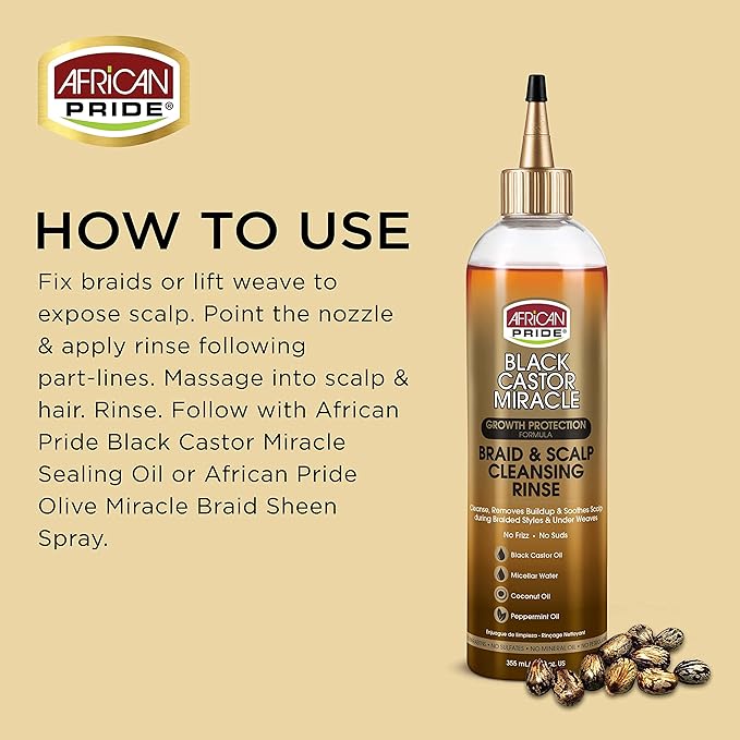 African Pride Black Castor Miracle Braid & Scalp Cleansing Rinse - Removes Hair Build Up & Soothes Scalp, No Frizz, Contains Black Castor Oil, Micellar Water, Coconut Oil, Peppermint Oil, 12 oz