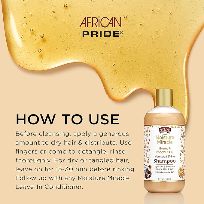 African Pride Moisture Miracle Honey & Coconut Oil Shampoo - For Natural Coils & Curls, Nourishes & Shines, Sulfate Free, Color Safe, 12 oz.