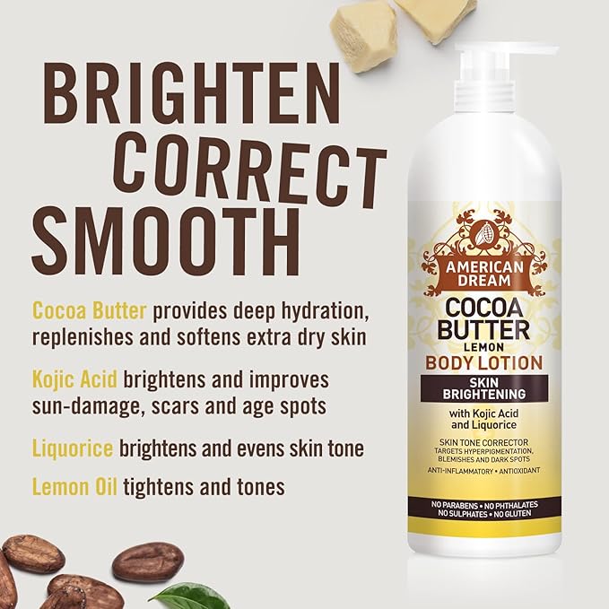American Dream Radiance Boost Cocoa Butter Body Lotion with Lemon oil & Vitamin E, for dull & dry skin 750ml