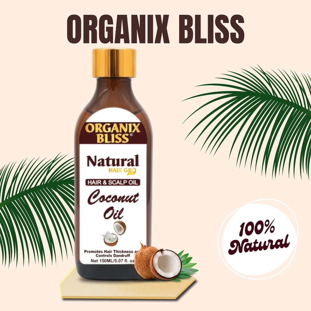 Organix Bliss Natural Coconut Oil for Hair Growth — 100% Pure Hair & Scalp Oil to Boost Thickness & Control Dandruff — 150ml / 5.07 fl. oz