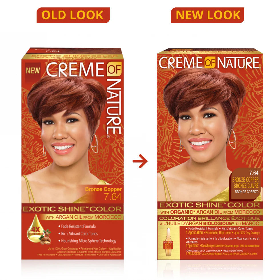 Exotic Shine Hair Color by Crème of Nature, 7.64 Bronze Copper, with Argan Oil from Morocco, 1 Application x-pression