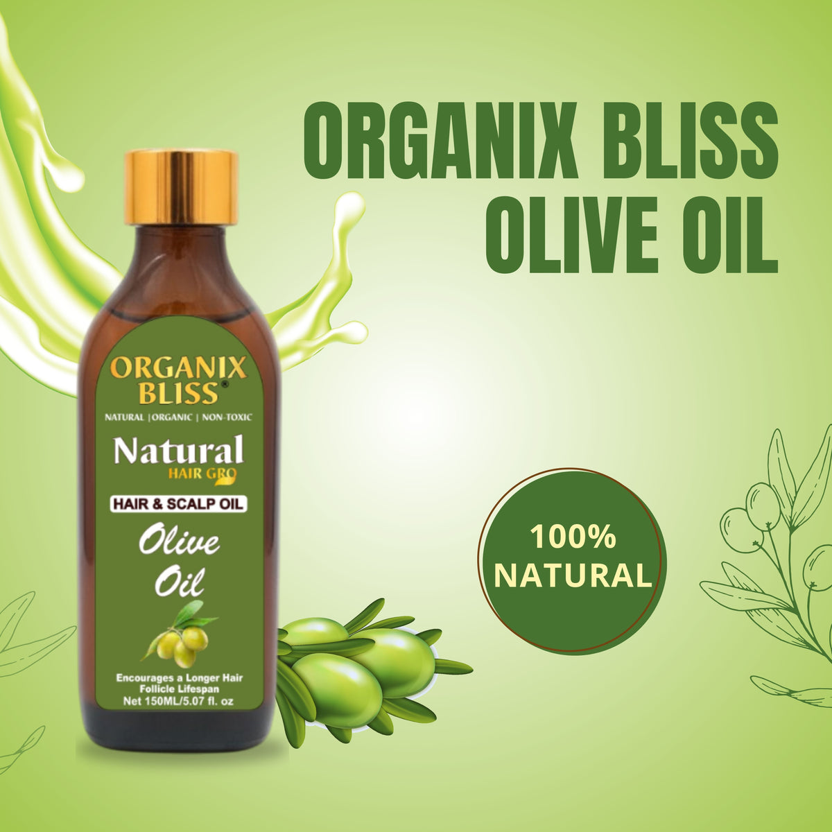 Organix Bliss Olive Hair & Scalp Oil (150ml/5.07 fl oz) – Natural Organic Hair Growth Oil to Encourage Longer Hair Follicle Lifespan – Non-Toxic Deep Nourishing Treatment