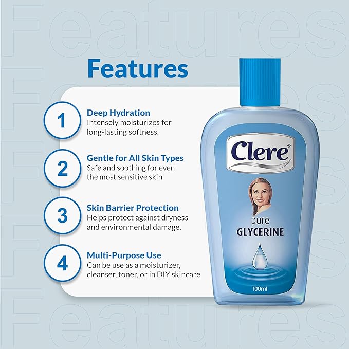 CLERE 100% Pure Glycerine Liquid for Versatile Skin Care – Glycerin for Face Moisturizes Dry Skin, Softens, and Glycerol Reduces Stretch Marks