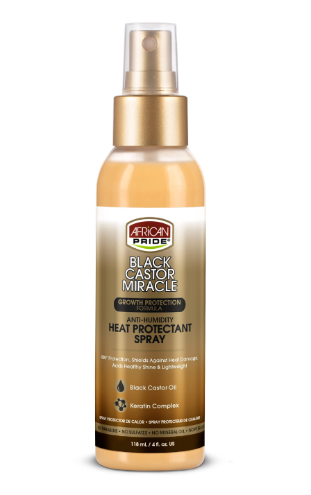 African Pride Black Castor Miracle Anti-Humidity Heat Protectant Spray, 4fl oz, 118 mL