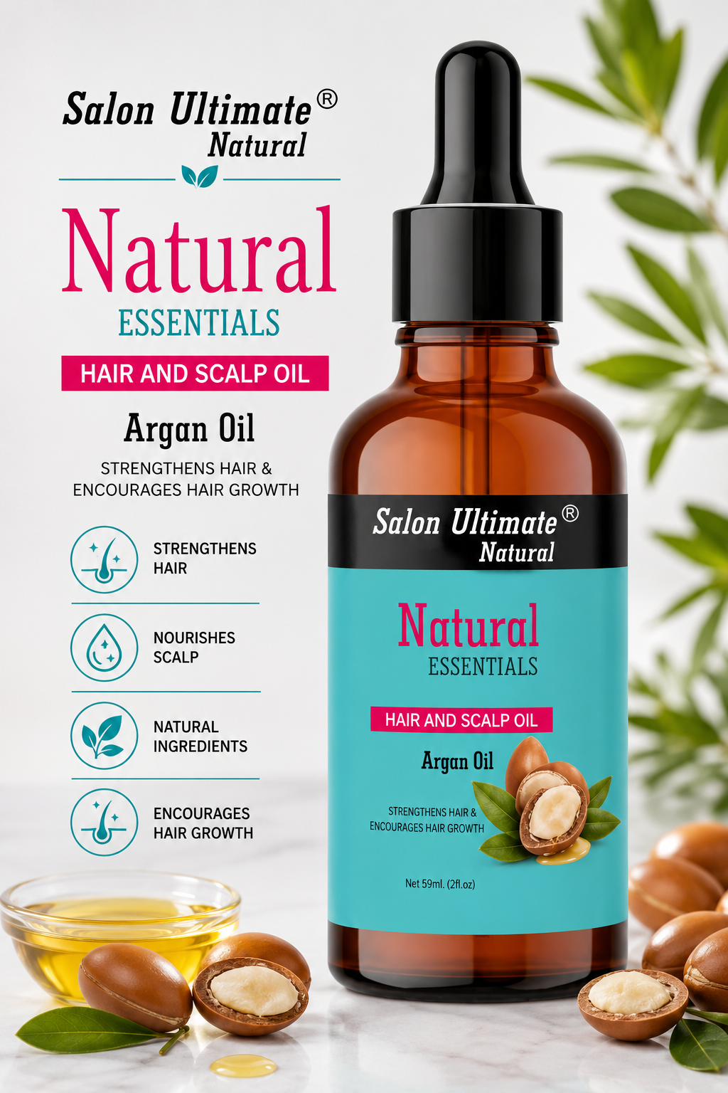Salon Ultimate Natural Argan Hair & Scalp Elixir - Hydrating Damage Repair Oil for Silky Shine & Growth, 59ml