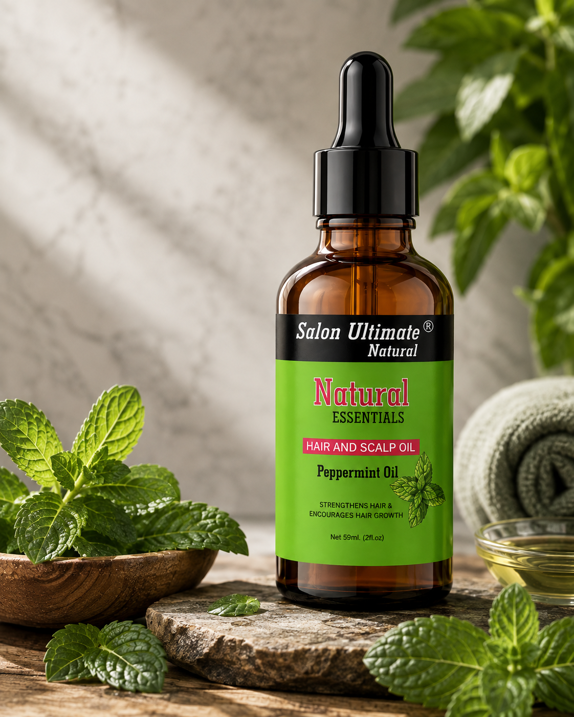 Salon Ultimate Natural Peppermint Scalp Stimulating Oil - Cooling Hair Growth & Root Strengthening Treatment, 59ml