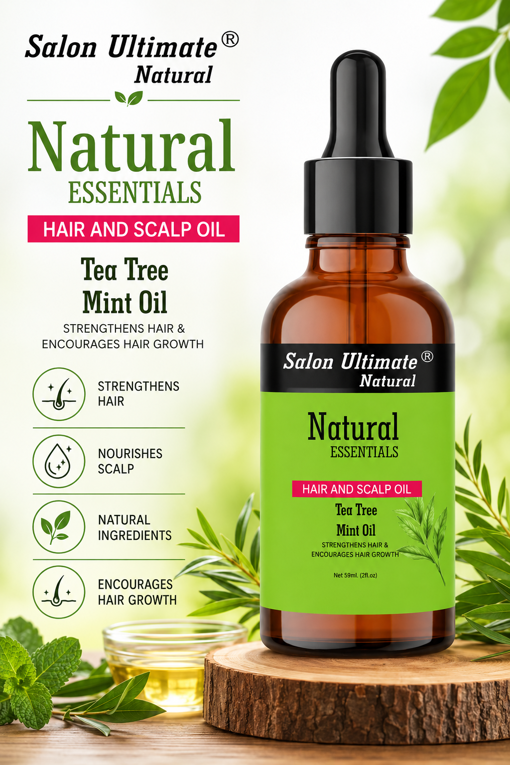 Salon Ultimate Natural Tea Tree & Mint Scalp Treatment Oil - Clarifying Formula for Hair Growth & Itchy Scalp Relief, 59ml
