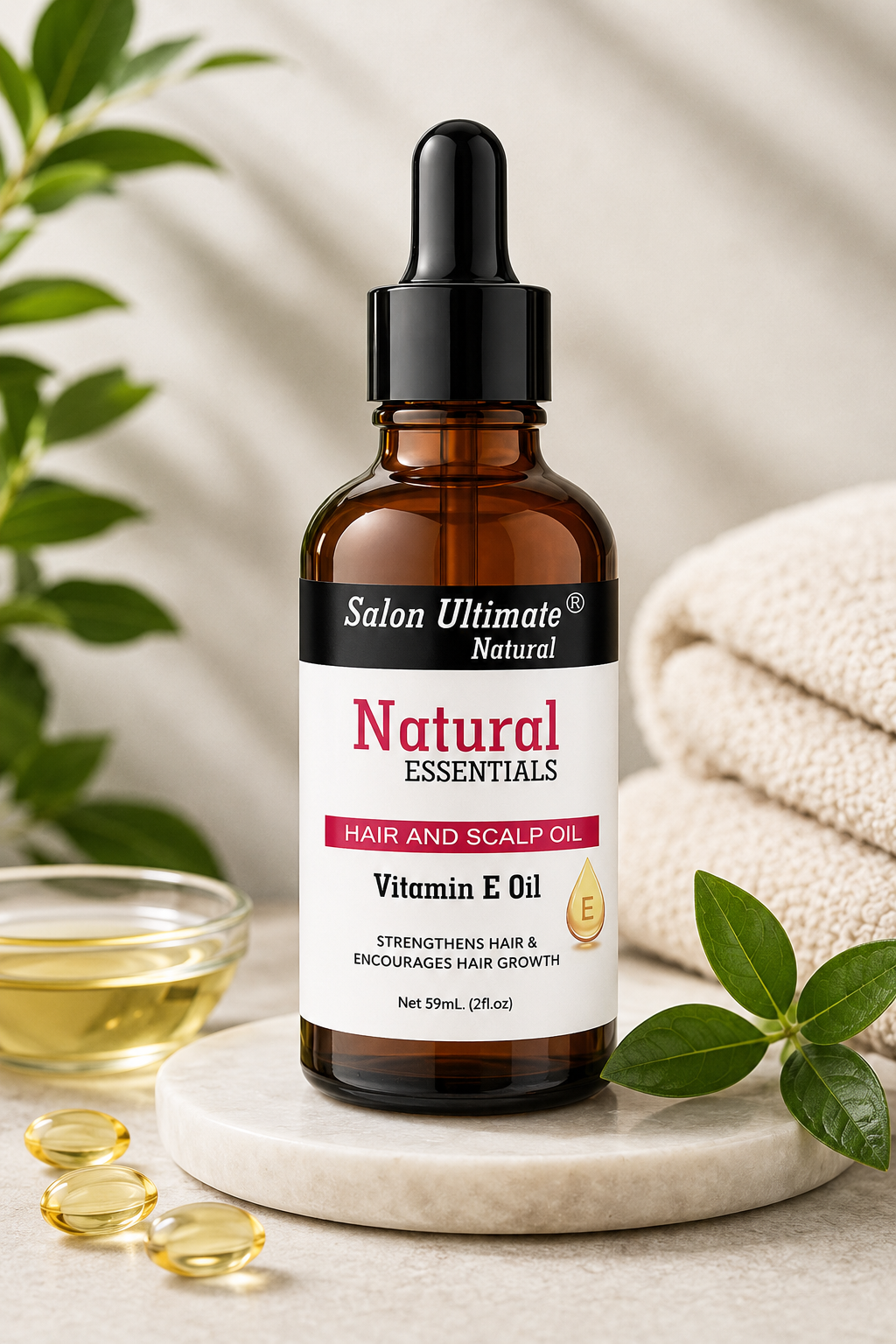Salon Ultimate Natural Essentials Vitamin E Hair and Scalp Oil | 59ml Glass Bottle with Dropper | Strengthens Hair, Encourages Growth & Deep Hydration for Dry Scalp and Skin